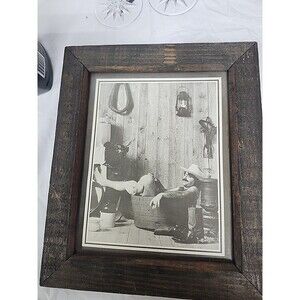 1960's-70' R. Hendrickson Sepia Print Happy Cowboy Soaking in Barrel Tub framed